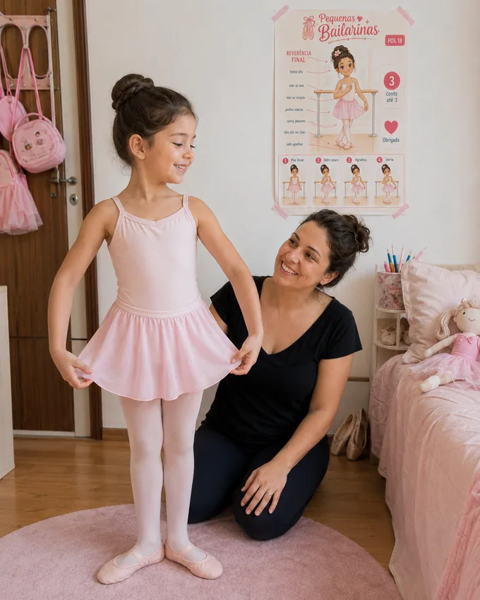 Mãe acompanhando filha em roupa de balé no quarto