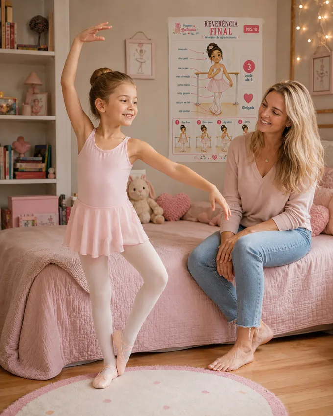 Mãe sorrindo enquanto filha faz posição de balé