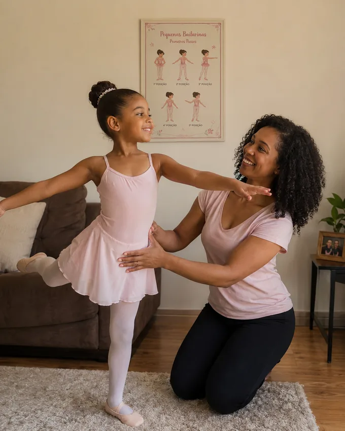 Mãe ajudando filha em uma posição de balé iniciante