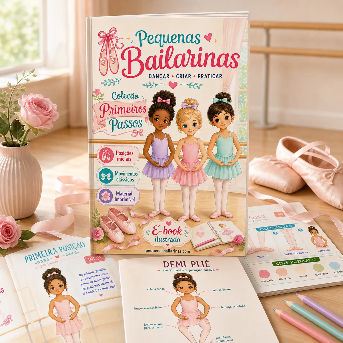 Mockup do e-book Pequenas Bailarinas com páginas impressas