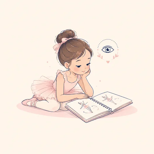 Menina observando movimentos de balé em um livro ilustrado