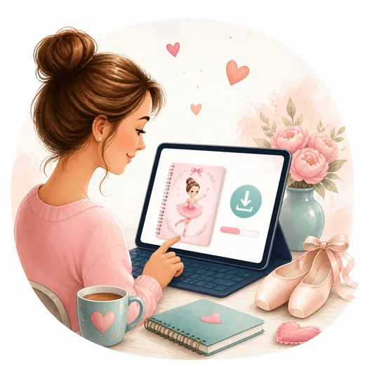 Mãe baixando o material Pequenas Bailarinas em um tablet