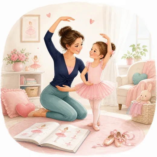 Mãe e filha praticando balé juntas em casa